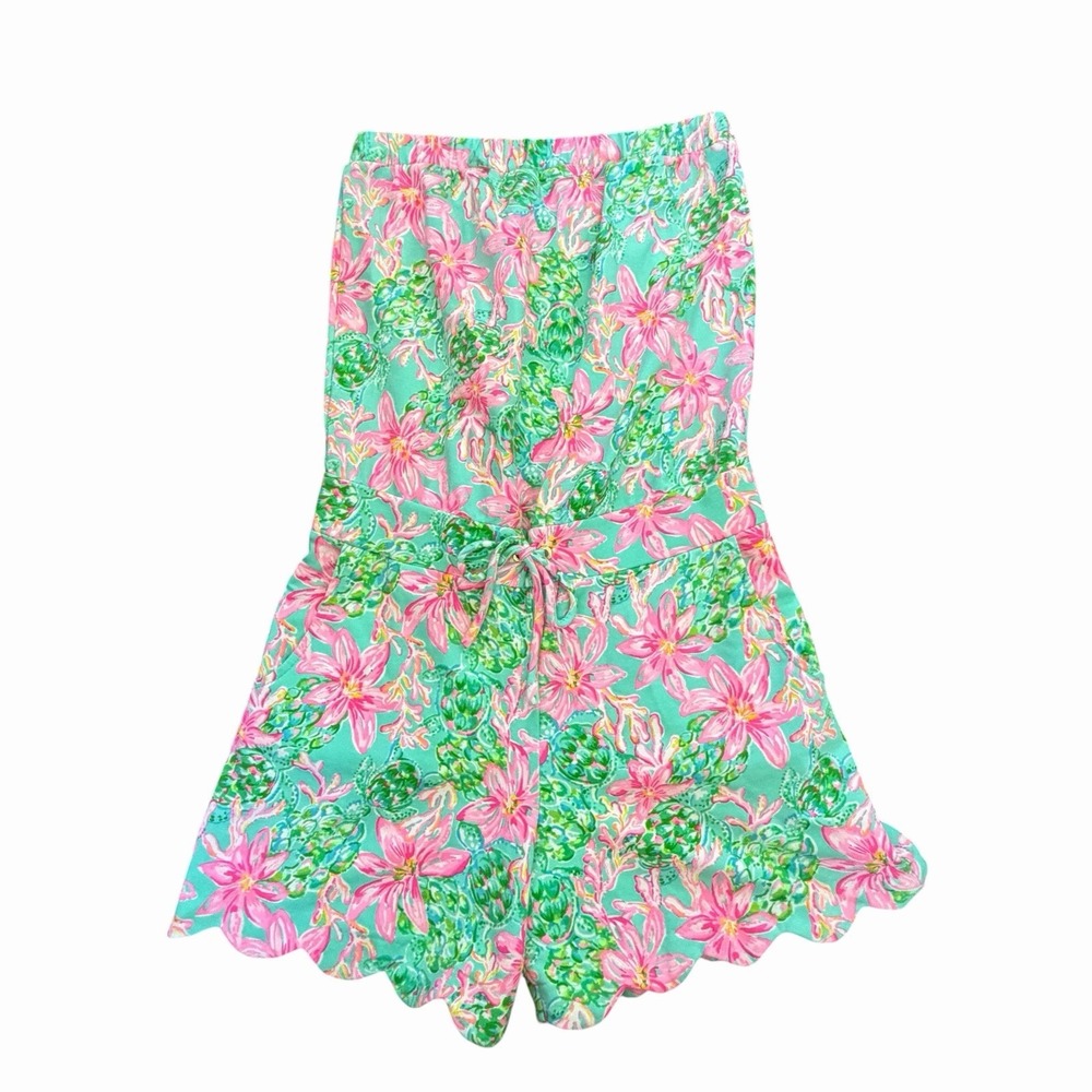 Lilly Pulitzer Jace Strapless Romper - Surf Blue XS Scalloped Shorts Beachy